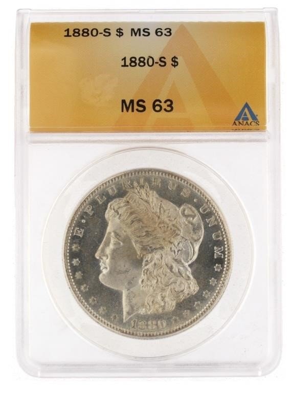 UNITED STATES 1880-S MORGAN SILVER DOLLAR ANACS Certified MS 63 MS63 GREAT COIN