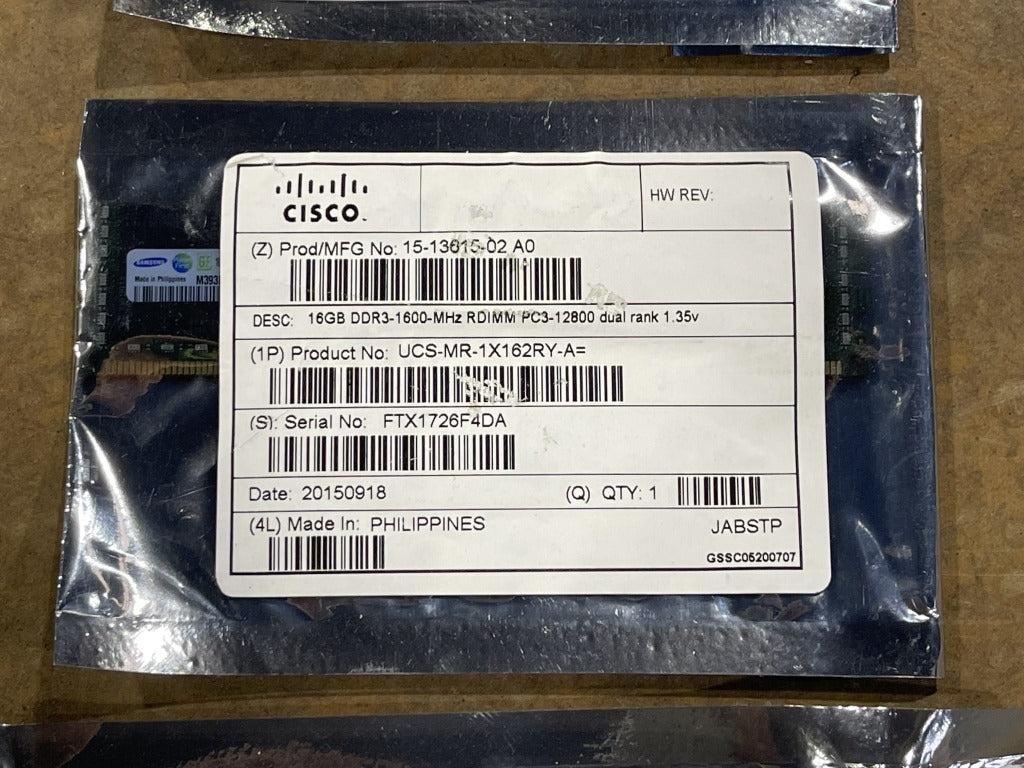 New Cisco UCS-MR-1X162RY-A 16GB DDR3 1600MHz PC3-12800 dual rank 1.35v RDIMM