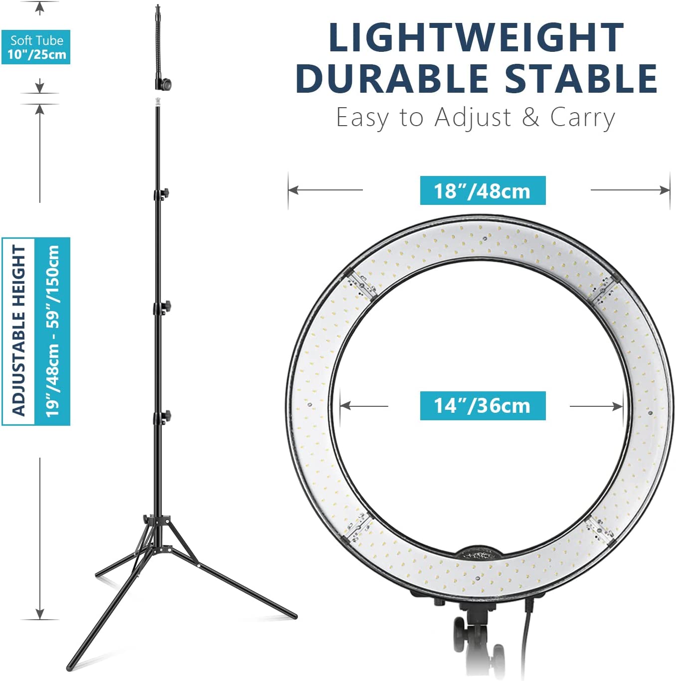Neewer Ring Light Kit:18"/48cm Outer 55W 5500K Dimmable LED Ring Light, Light Stand, Carrying Bag for Camera,Smartphone,YouTube,TikTok,Self-Portrait Shooting, Black, Model:10088612 - Open Box