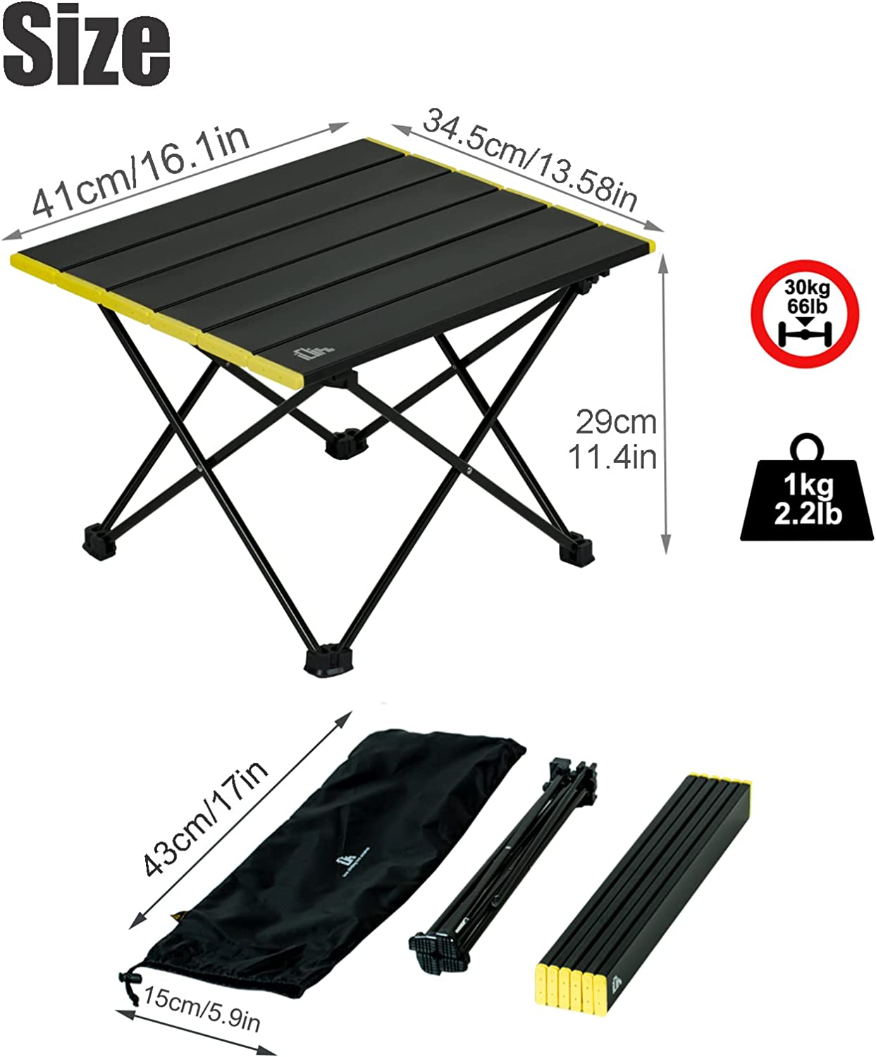 iClimb Ultralight Compact Camping Alu. Folding Table with Carry Bag, Two Size (Black - S)