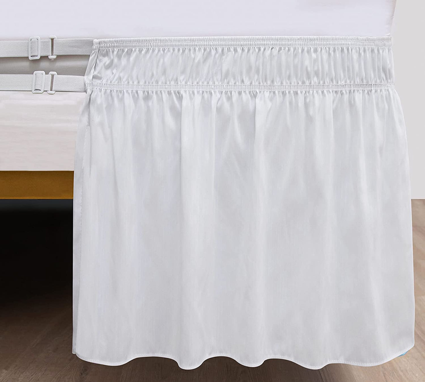 Biscaynebay Wrap Around Bed Skirts for Queen Beds 15 Inches Drop, White Elastic Dust Ruffles Easy Fit Wrinkle & Fade Resistant Silky Luxurious Fabric Solid Machine Washable