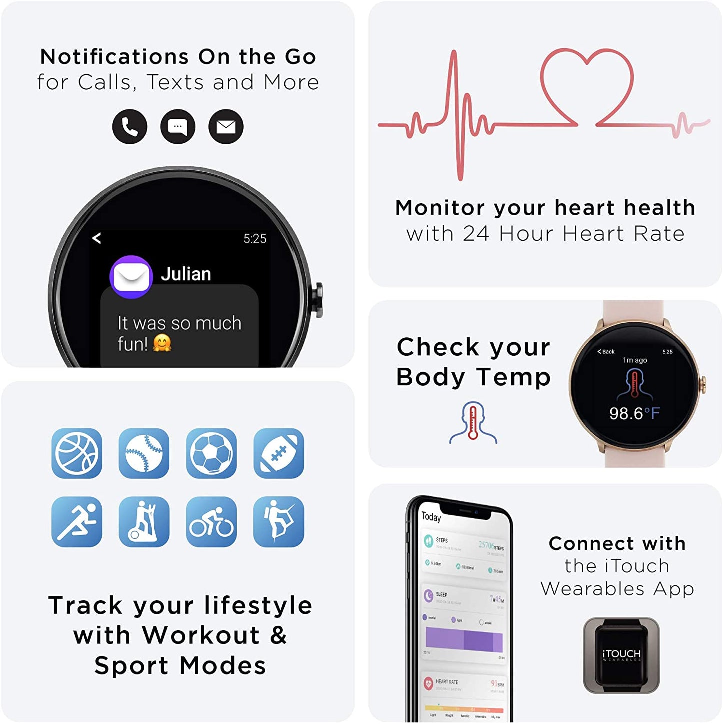 iTouch Sport 3 Health and Fitness Smart Watch with 24/7 Heart Rate, Pedometer, Body Temperature Monitor, 14+ Days Battery