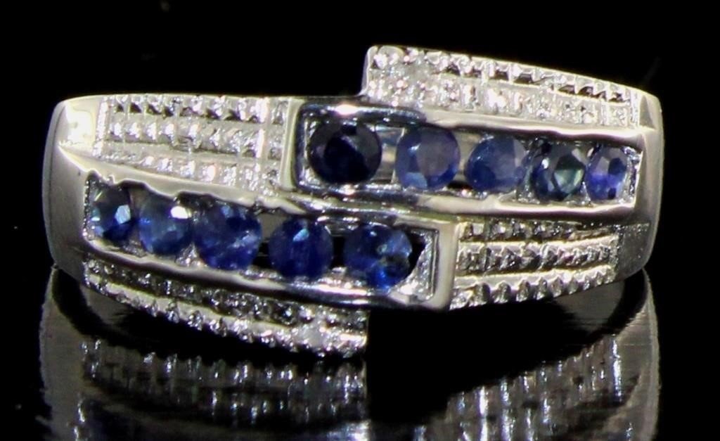 Genuine White Diamond and Blue Sapphire Antique Style Sterling Silver RIng
