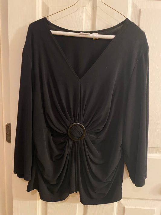 Cato Woman 22/24W Solid Black V-Neck Drape Blouse Buckle Soft Stretch 3/4 Sleeve