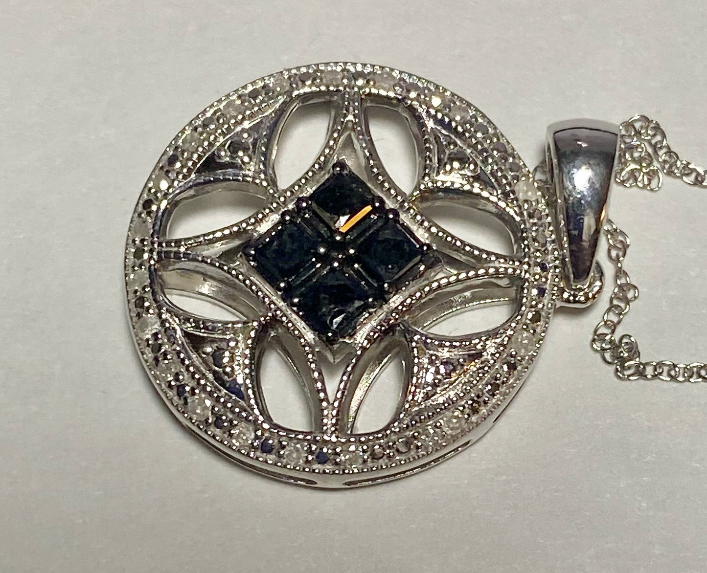1/2 Ct Black And White Diamond Square Pendant In Sterling Silver and necklace