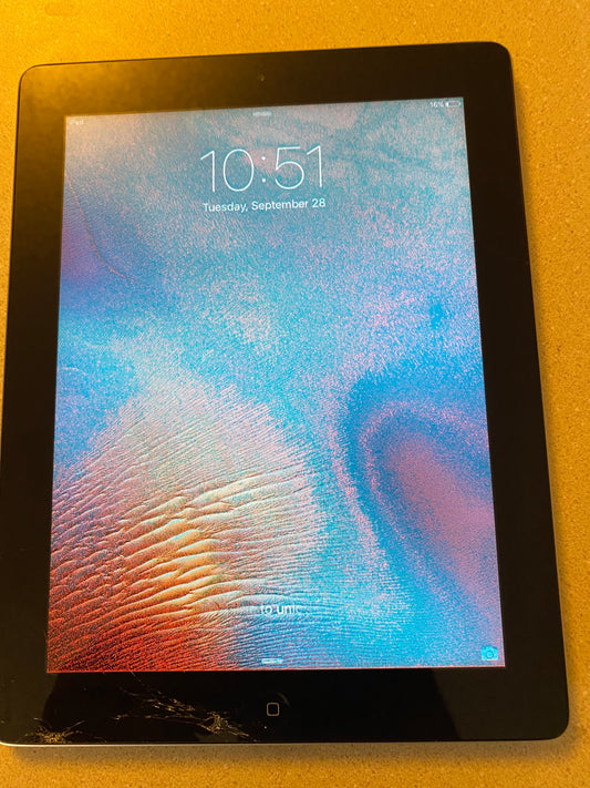 Apple iPad 2- 16GB, Wi-Fi 9.7" Black A1395 Working Cracked Screen Unlocked AS-IS