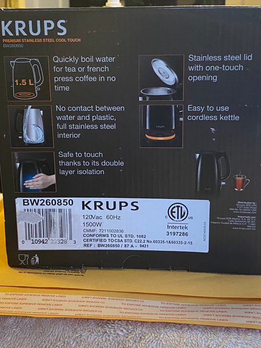 KRUPS Premium Stainless Steel Cool Touch Kettle BW260850 In Box Open Never Used