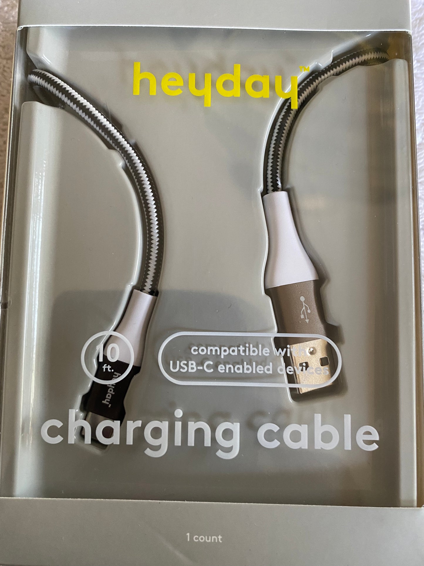 heyday 10 Feet Micro USB-A USB-C Braded Universal Charging cable Open Box Wht/Bk