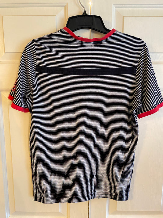 Sean John Mens V Neck T Shirt Size M Gray Black Striped Botton Pocket Red Accent