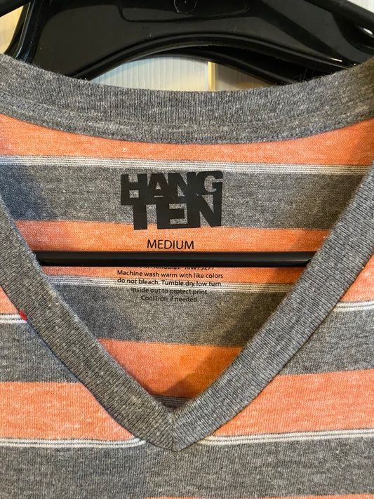 Hang Ten Orange and Gray Short Sleeve V-neck Striped Shirt Size M Medium