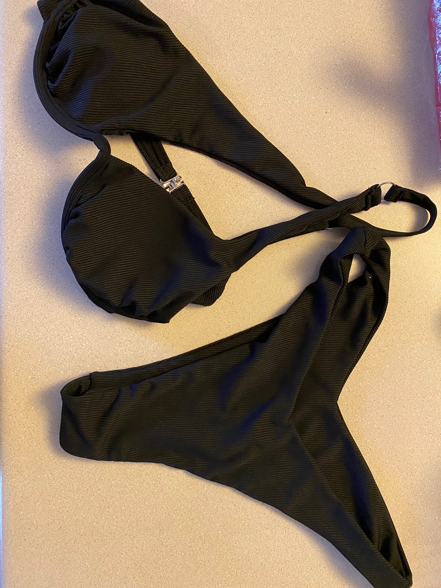 Women's Ribbed High Cut One Shoulder Two Piece Bikini Swimsuit Large Black