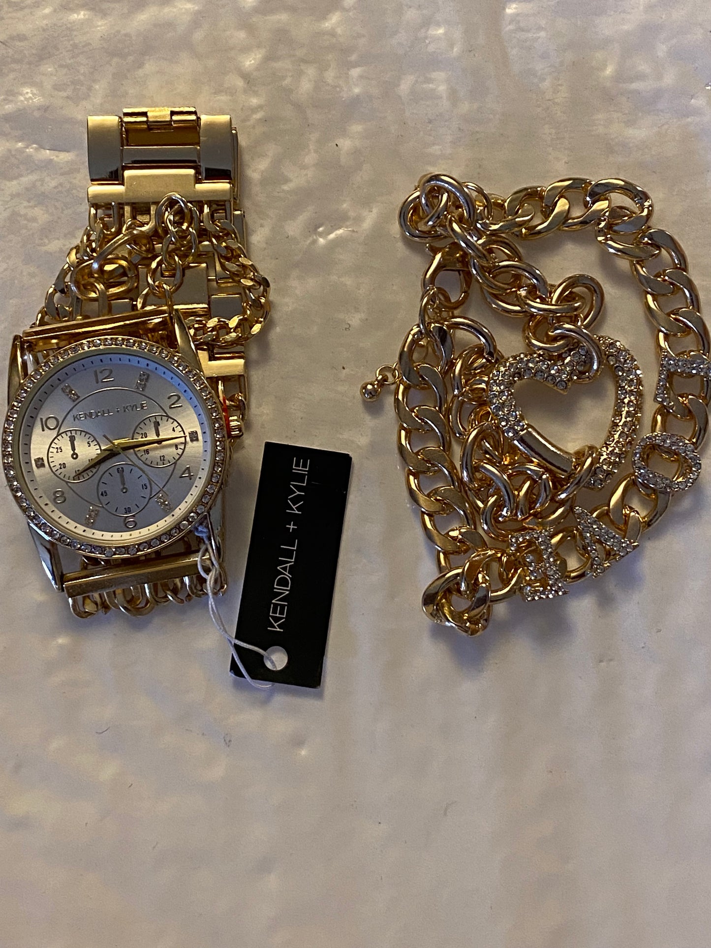 Kendall + Kylie: Two-Tone Gold/White Crystal 'LOVE' Watch and Bracelet Set A0372