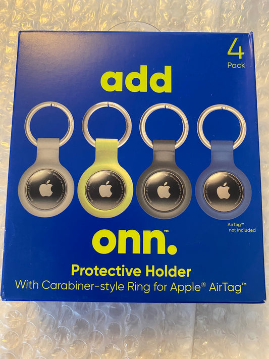 onn. Protective Holder with Carabiner-Style Ring for Apple AirTag, Silicone, Black, 4 Count