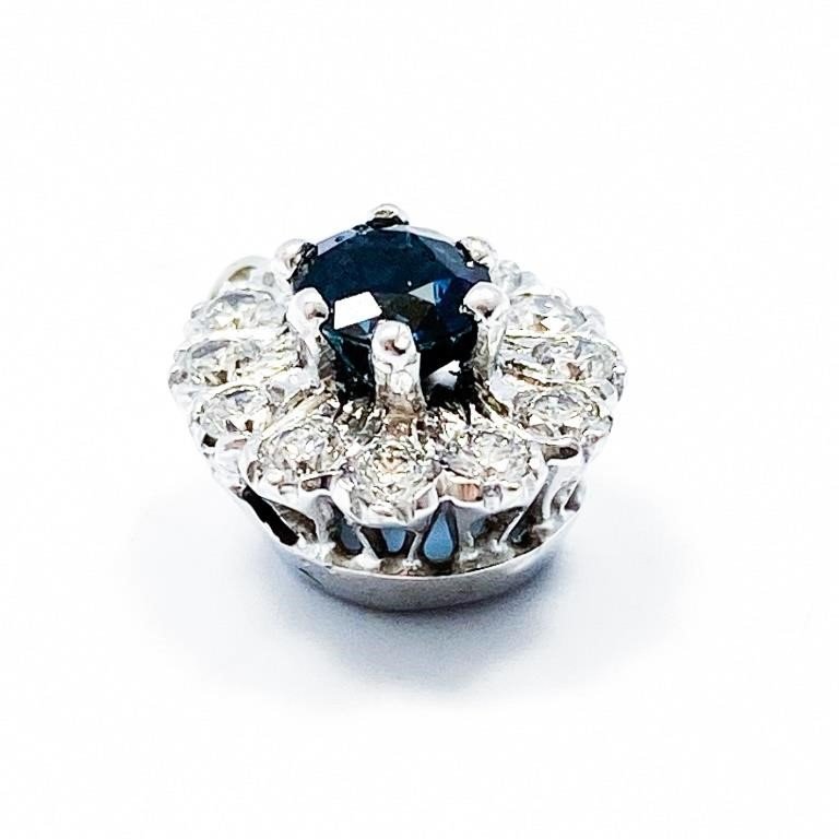 Natural Brilliant Blue Sapphire & Natural White Diamond Halo 14K White Gold Pendant