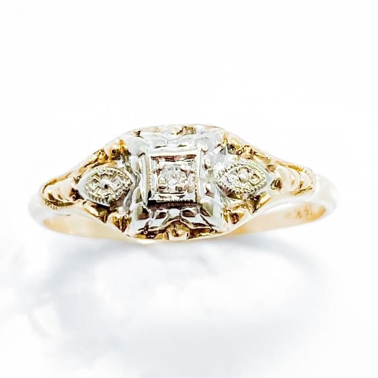 Brilliant Natural Cut Diamond & 14k White and Yellow Gold Engagement Ring.