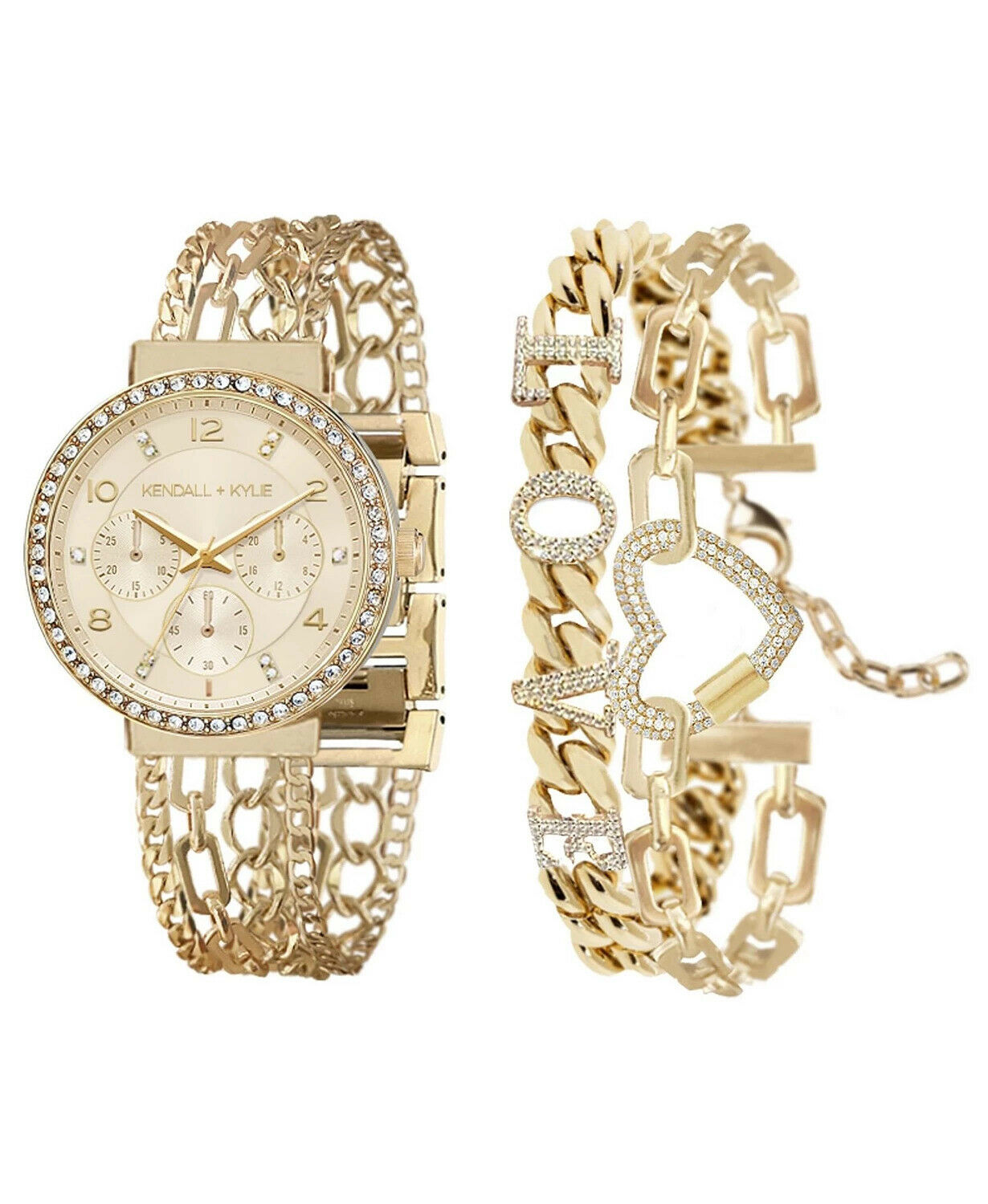 Kendall + Kylie: Two-Tone Gold/White Crystal 'LOVE' Watch and Bracelet Set A0372